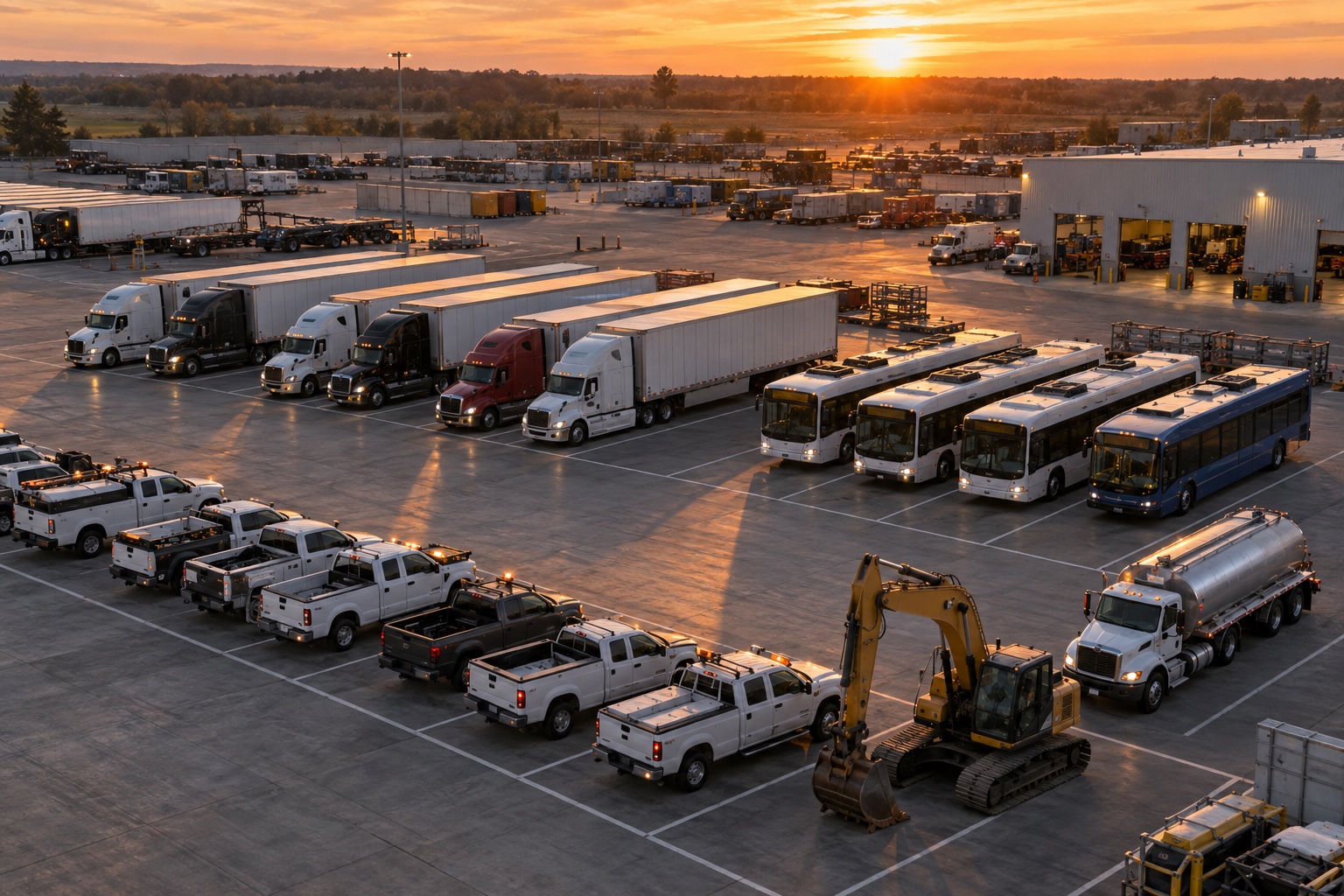 Fleet yard with trucks, buses, pickups and machinery at sunset