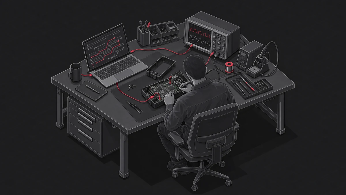 Ilustración isométrica de ingeniería de hardware y firmware en un banco de trabajo