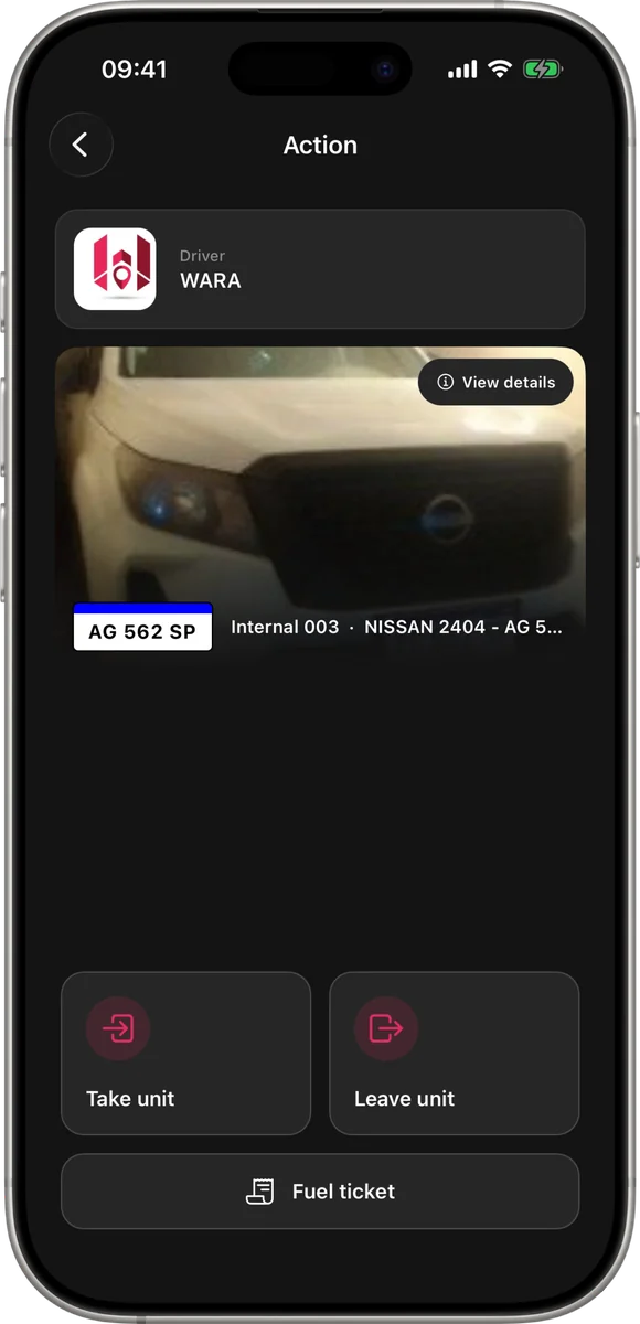 App Conductores: pantalla para tomar o dejar la unidad asignada