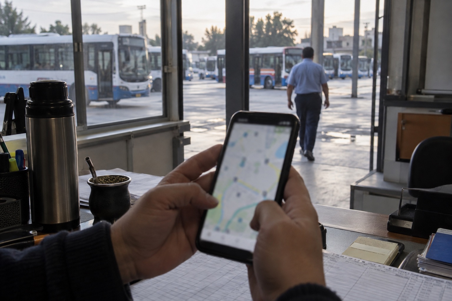 Despachante con el celular en la oficina de una empresa de colectivos