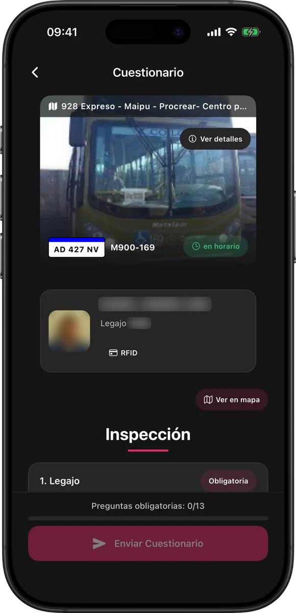 App Inspectores: cuestionario de inspección de una unidad con los datos del conductor