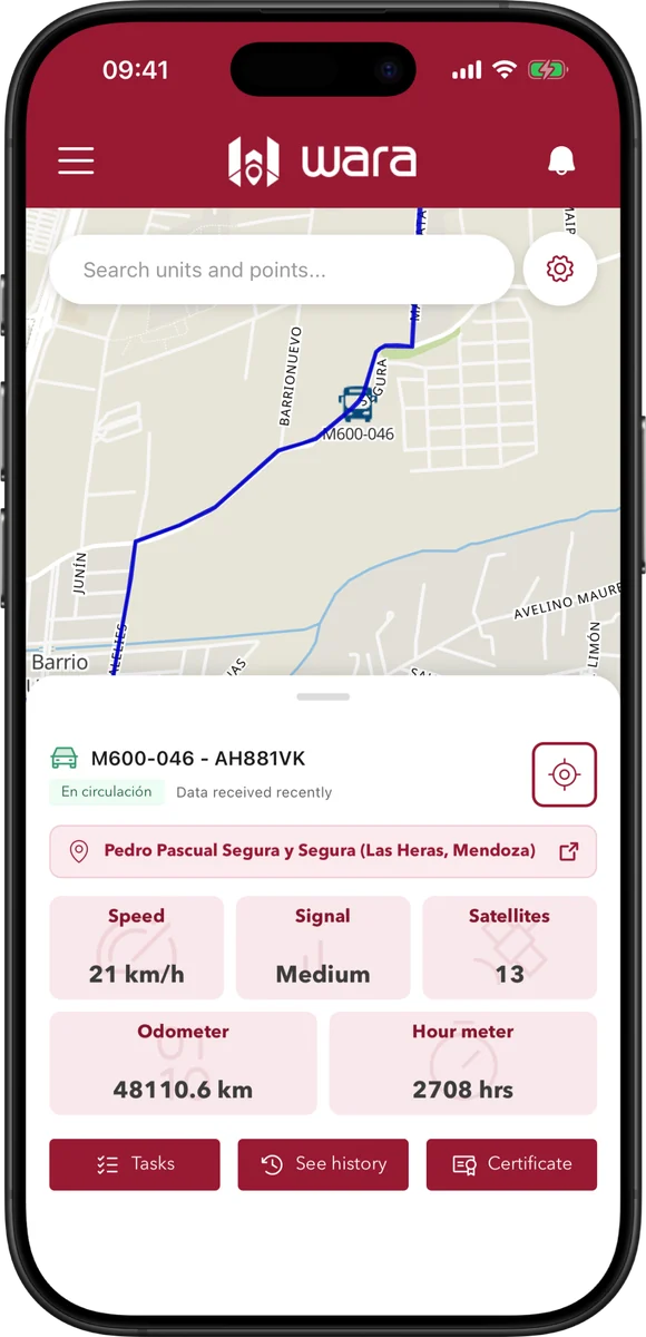 App WARA: detalle de una unidad en el mapa, con velocidad, señal y odómetro