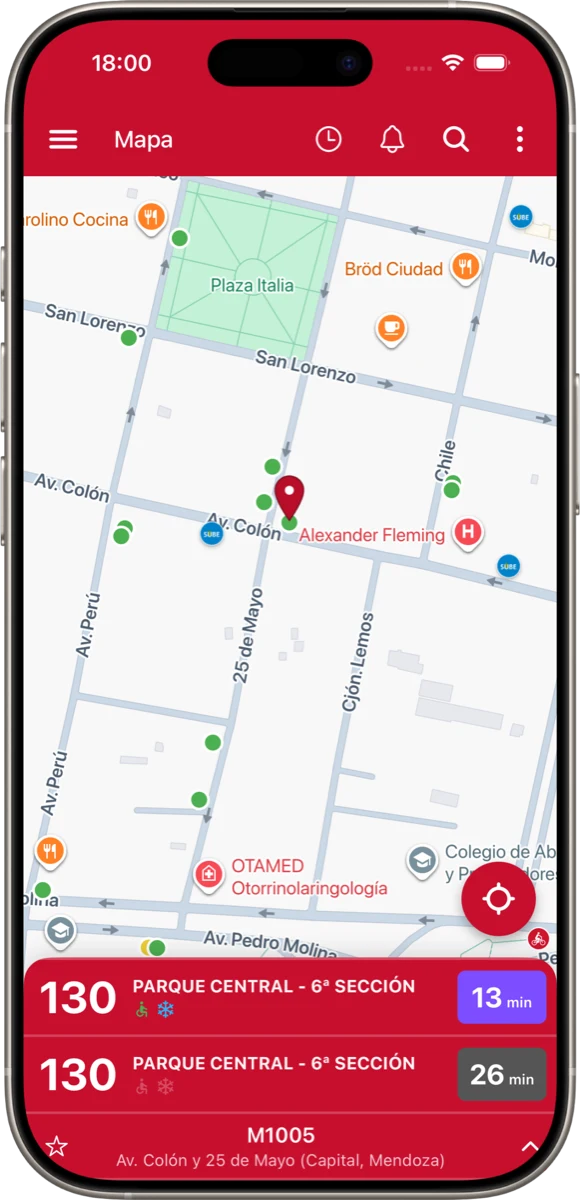 App Mendotran en un iPhone: mapa de Mendoza con la parada de Av. Colón y 25 de Mayo y los próximos colectivos de la línea 130, en 13 y 26 minutos