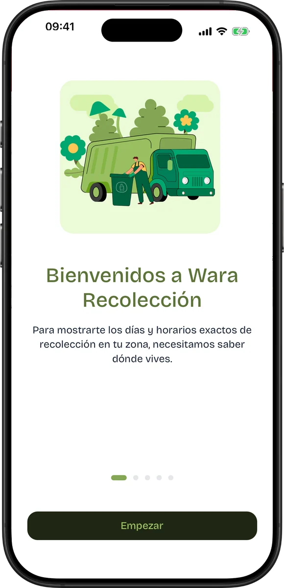 App Wara Recolección: pantalla de bienvenida, que pide la dirección para mostrar los días y horarios de recolección de la zona