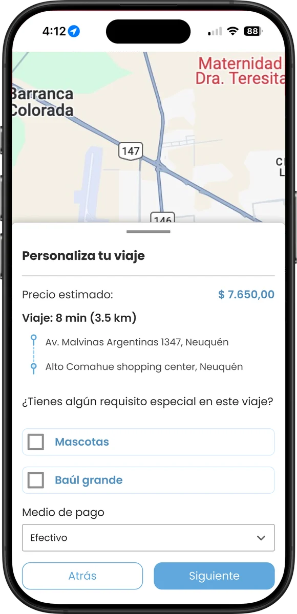 Taxi San Luis: personalización del viaje con el precio estimado y el medio de pago