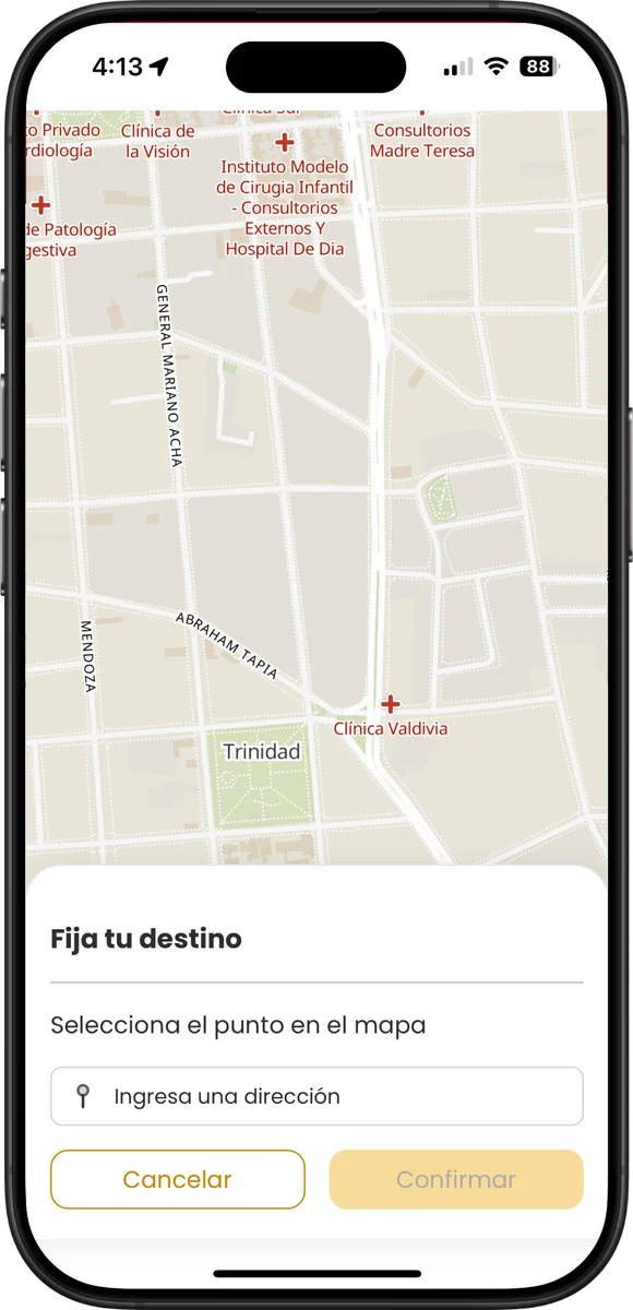 Taxi Go!: pantalla para fijar el destino del viaje en el mapa