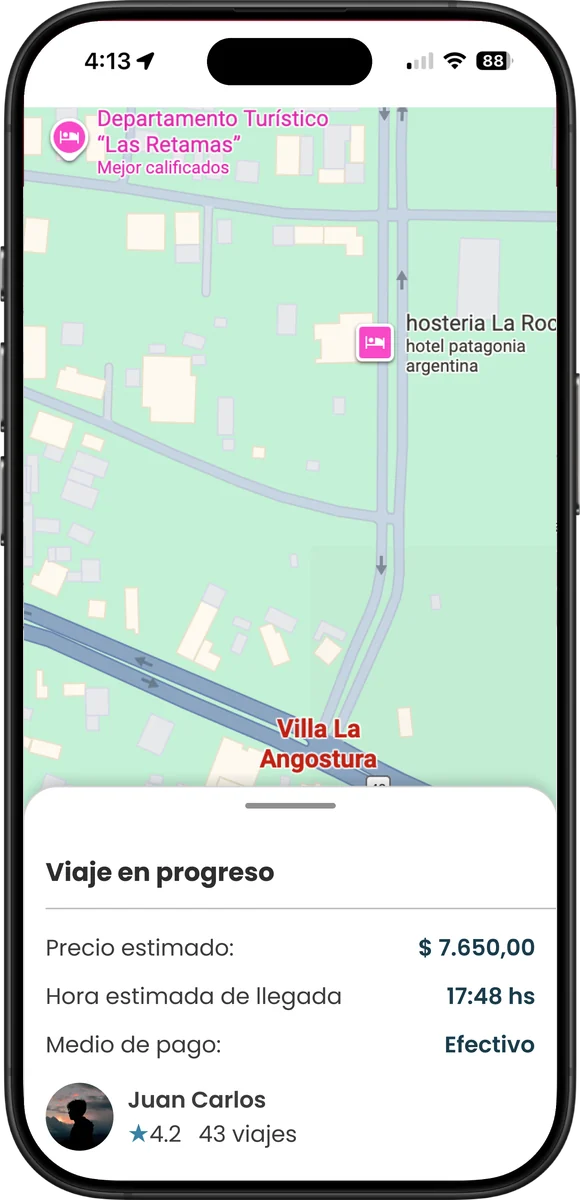 Taxi VLA: viaje en progreso con el precio, la hora estimada de llegada y el conductor